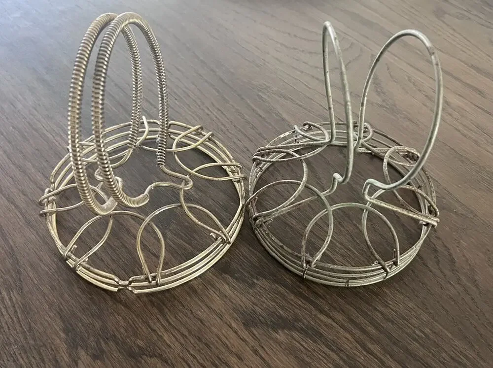 MCM Wire Metal Folding Egg Basket Coil Handle TOP ONLY Brass Bunny Ears (2)